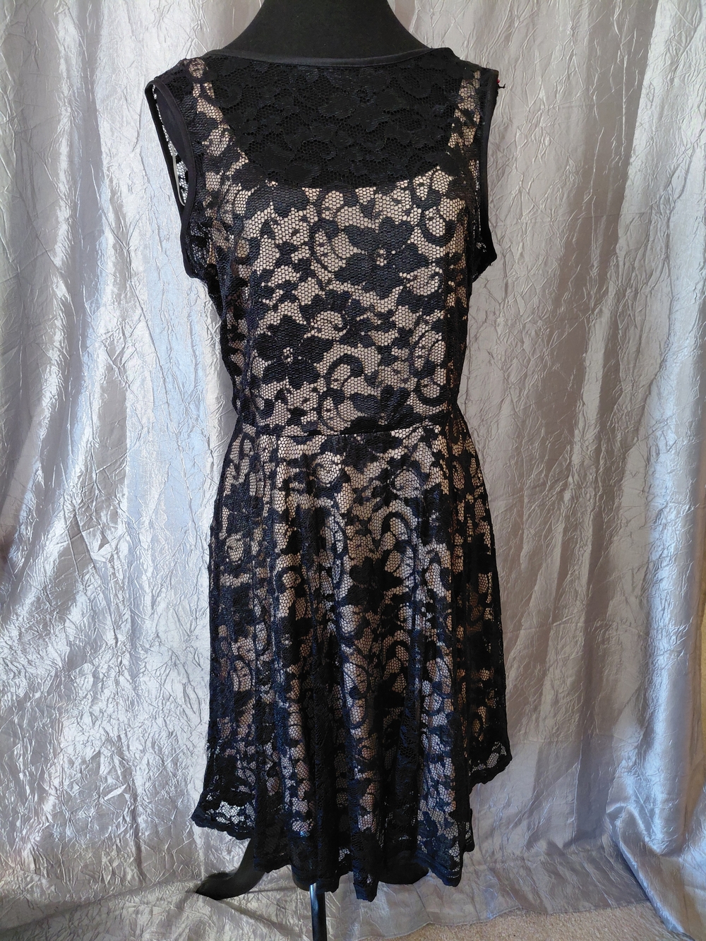 MARINA Black Lace Overlay with Nude Slip Midi Dress